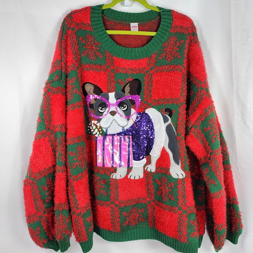 Holiday Time Ugly Christmas Sweater 3X Womens French Bulldog Dog Sequin Xmas Red